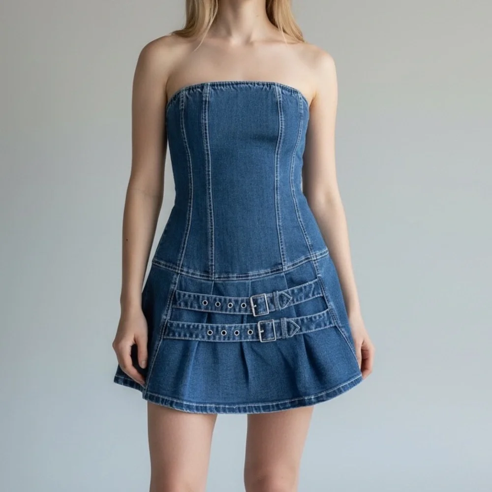 NWT Love Tree Strapless Denim Belted Jean Mini Tube Dress Boutique Coastal - Picture 1 of 7